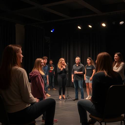 Szene aus einem Schauspielkurs für Anfänger, in dem Teilnehmer auf der Bühne stehen